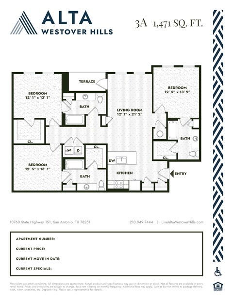 Floor plan for 3 beds, 2 baths, 1471 sqft